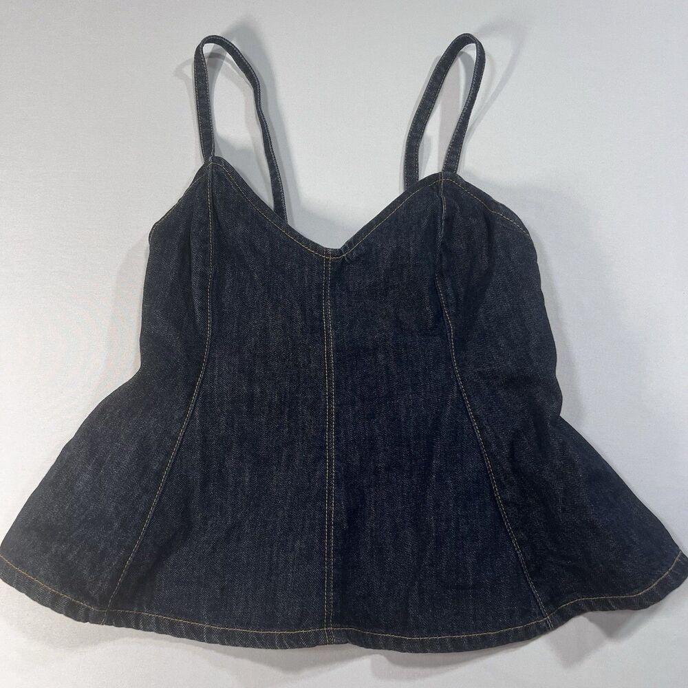 Zara Women S Denim Corset Top Peplum Cami Dark Wash Blue Cotton Full Zip Back